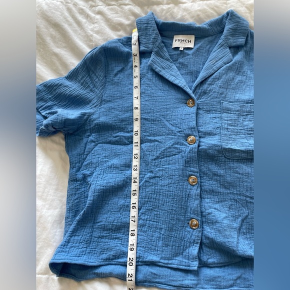 FRNCH PARIS blue crinkle textured button up collard crop top | M - Picture 10 of 11